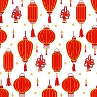 A pattern of red Chinese paper lanterns and red thread, creating a festive and cultural atmosphere. Decoration of festive events, cultural decorations in the traditional Asian style. Seamless texture vector