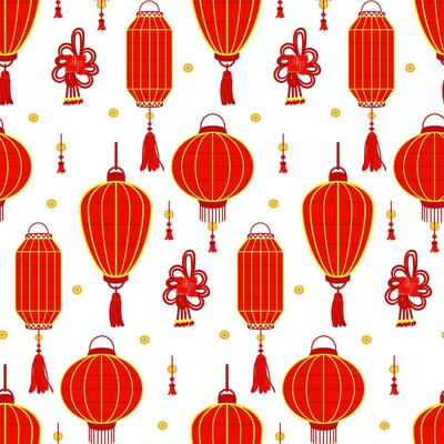 A pattern of red Chinese paper lanterns and red thread, creating a festive and cultural atmosphere. Decoration of festive events, cultural decorations in the traditional Asian style. Seamless texture