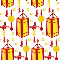 Pattern of red threads tied with Chinese knots for good luck, and a paper lantern. Gold coins, amulet, paper element. Materials in the traditional Asian style were used for decoration in the cultural vector