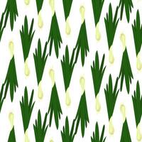 A pattern of whole green onions with bulbs. It is suitable for decorating culinary-themed dishes, menu backgrounds or farm-style marketing materials. Seamless texture on white, in a row. Ingredients vector