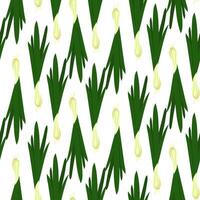 A pattern of whole green onions with bulbs. It is suitable for decorating culinary-themed dishes, menu backgrounds or farm-style marketing materials. Seamless texture on white, in a row. Ingredients vector