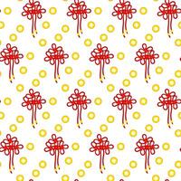 A pattern of red threads is tied into Chinese knots for good luck, symbolizing prosperity. Red threads in knots and scattered gold coins. Materials in the traditional Asian style are used in cultural vector