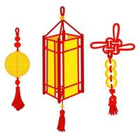 A set of red threads tied in Chinese knots for good luck and a paper lantern. Gold coins, amulet, paper element. Materials in the traditional Asian style are used for decoration in a cultural theme. vector