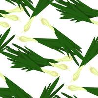 A pattern of whole green onions with bulbs. It is suitable for decorating culinary-themed dishes, menu backgrounds or farm-style marketing materials. Seamless texture on white, a group. Ingredients vector