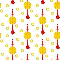 A pattern with Chinese gold amulets with tassels and coins, reminiscent of cultural wealth and a festive atmosphere. A festive festival. A round maze for good luck. The Moon Festival. illustration vector