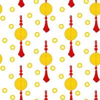 A pattern with Chinese gold amulets with tassels and coins, reminiscent of cultural wealth and a festive atmosphere. A festive festival. A round maze for good luck. The Moon Festival. illustration vector