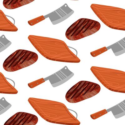 Roast steak is cut with a large knife on a wooden board. Ideal for demonstrating recipes, cooking tips, and cooking tutorials. illustration. Slicing steak by the chef