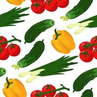 Vegetable pattern of cucumbers, tomatoes, sweet peppers and onions on a white. It is universal for decorating culinary-themed dishes, menu backgrounds or marketing materials about farm products vector