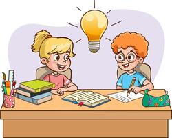 Cute kids are doing group work, brainstorming and working together. illustration vector