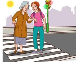 young girl helps old woman. old woman and young woman walking on crosswalk cartoon vector