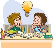 Cute kids are doing group work, brainstorming and working together. illustration vector