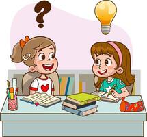 Cute kids are doing group work, brainstorming and working together. illustration vector