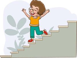 illustration of cute boy coming down the stairs vector