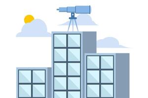 Leadership vision concept, company growth. The future direction of the organization. large binoculars on top of a tall building looking towards the front. flat illustration on white background. vector