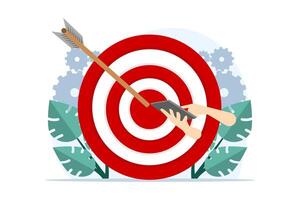 businessman hand takes writing next to red target circle and arrow hits target right in the center and analyzes achievement results in corporate illustration background. vector