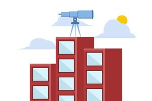 Leadership vision concept, company growth. The future direction of the organization. large binoculars on top of a tall building looking towards the front. flat illustration on white background. vector