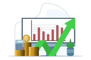 concept of success in business or investment. computer with increasing arrow, calculator, stack of coins and increasing arrow, investment and investor concept, illustration on background. vector