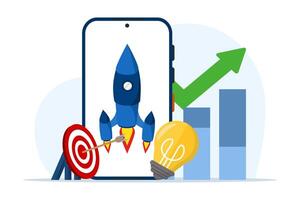 startup business concept and business targets. Teamwork in building a startup business. building a spaceship rocket, cohesive teamwork in initial . flat illustration on white background. vector