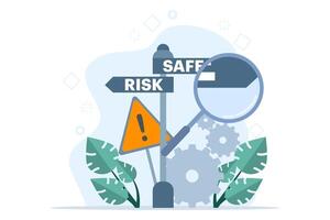 risk Management concept, magnifying glass for making decisions and choices. Way of life and career. choose the risk or security path. Smart people think to choose the right path. illustration. vector