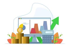 concept of success in business or investment. computer with increasing arrow, calculator, stack of coins and increasing arrow, investment and investor concept, illustration on background. vector