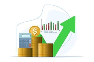 concept of success in business or investment. computer with increasing arrow, calculator, stack of coins and increasing arrow, investment and investor concept, illustration on background. vector