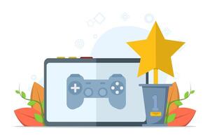Concept Play games with gadgets, gamers, games, esports. people play online games on PC, people play mobile games. Entertainment flat illustration on white background. vector