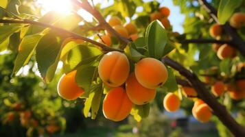 A bunch of ripe apricots on a branch. Neural network photo