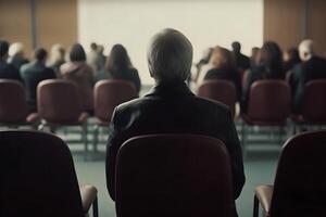 Speaker Giving a Talk at Business Meeting. Audience in the conference hall. Neural network photo