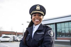 retrato de sonriente joven hembra policía oficial. neural red foto
