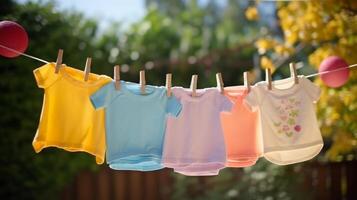 Children's T-shirts drying outside. Neural network photo