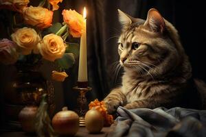 a cat sitting on a table with flowers and fruit photo