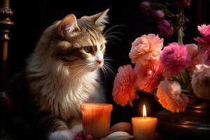 a cat sitting next to a candle and flowers photo