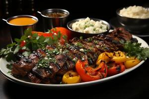 un plato de carne en brochetas con vegetales foto