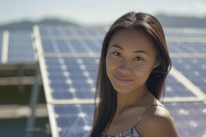 mujer con solar paneles, símbolo de renovable energía. generado por ai foto