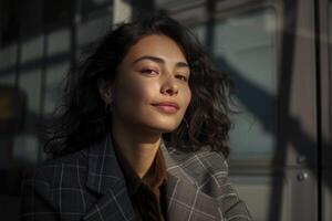 Young woman enjoys sunlight in city. AI-generated photo