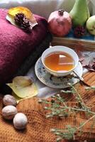 taza de calentar té otoño otoño todavía vida plano laico con libro hojas frutas nueces foto