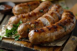 Freshly cooked butchers made, homemade sausages with rosemary on a wooden board. Grilled chicken sausages. photo