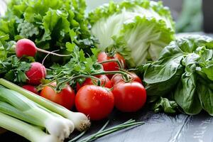 A table covered with an array of different types of fresh and colorful vegetables. photo