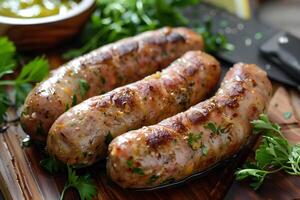 Freshly cooked butchers made, homemade sausages with rosemary on a wooden board. Grilled chicken sausages. photo