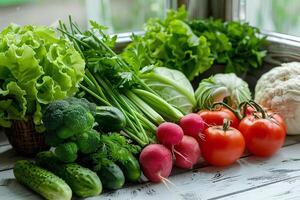 A table covered with an array of different types of fresh and colorful vegetables. photo