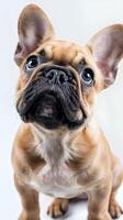 Portrait of a cute lovely French Bulldog on white background, emphasis on the nose. Space for text photo