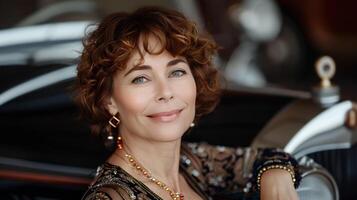 A smilling elegant middle-aged woman is sitting on the hood of an expensive nice car photo