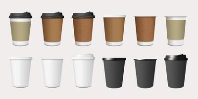 Coffee paper cup, mug mockups, cardboard and plastic package with lids vector