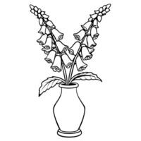 Foxglove flower on the vase outline illustration coloring book page design, Foxglove flower on the vase black and white line art drawing coloring book pages for children and adults vector