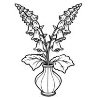 Foxglove flower on the vase outline illustration coloring book page design, Foxglove flower on the vase black and white line art drawing coloring book pages for children and adults vector