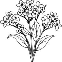 Forget Me Not Flower Bouquet outline illustration coloring book page design, Forget Me Not Flower Bouquet black and white line art drawing coloring book pages for children and adults vector