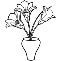 Freesia flower on the vase outline illustration coloring book page design, Freesia flower on the vase black and white line art drawing coloring book pages for children and adults vector