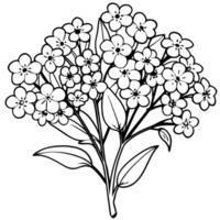 Forget Me Not Flower Bouquet outline illustration coloring book page design, Forget Me Not Flower Bouquet black and white line art drawing coloring book pages for children and adults vector