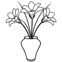 Freesia flower on the vase outline illustration coloring book page design, Freesia flower on the vase black and white line art drawing coloring book pages for children and adults vector