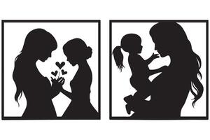 siluetas de un joven mujer con un bebé y corazones en un antecedentes vector